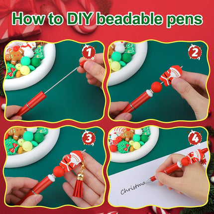 CZWZ 8 Pcs Christmas Beadable Pens, Plastic Beadable Pens with Multicolor Silicone Beads, Christmas Snowman Pine Tree Floral Hoop Deer Pens for Christmas Office School Supplies