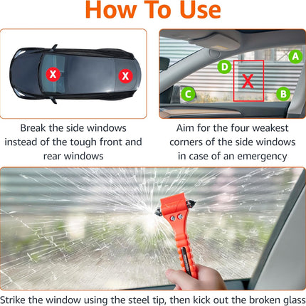 Emergency Escape Tool, Window Breaker and Seatbelt Cutter, Car Safety Hammer with Protective Bracket, Bright Orange, 2 Pack