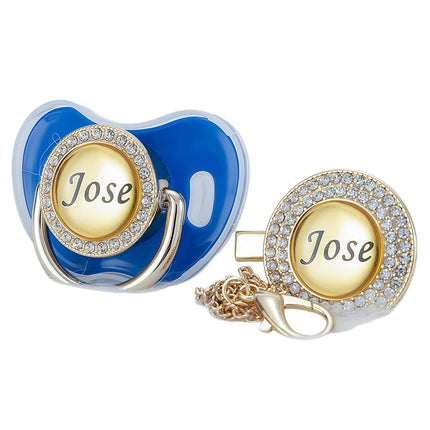 Custom Name Bling Pacifier & Clip Set – Personalized Binky for Baby Shower, Newborn Keepsake for Photos (Blue)