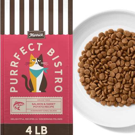 Merrick Purrfect Bistro Grain Free Salmon and Sweet Potato Recipe Natural Dry Cat Food for Adult Cats, High Protein, Outdoor or Indoor Cat Food - 4 lb. Bag