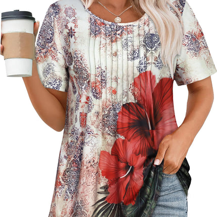 Womens T Shirts Short Sleeve Tops Pleated Dressy Casual Flowy Summer Blouses