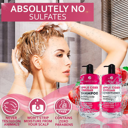 Apple Cider Vinegar Shampoo and Conditioner Set - Stop Flaky and Itchy Scalp – Sulfate Paraben Free Anti Dandruff Soothing Treatment for Dry, Oily and Damaged Hair - Intense Care for Women and Men