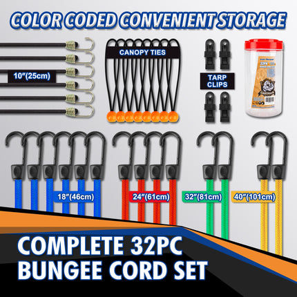 32-Piece Bungee Cord Assortment with Hooks