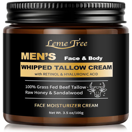Men's Beef Tallow for Skin, Whipped Grass-Fed Beef Tallow Face Cream, Tallow Balm with Retinol & Hyaluronic Acid, Mens Skin Care Face Moisturizer, Sandalwood, 3.5 OZ
