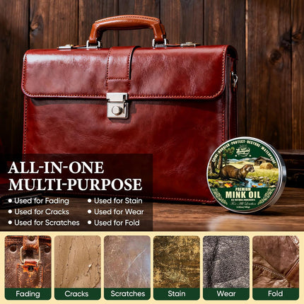 4-in-1 Mink Oil Leather Conditioner and Cleaner 3.52 oz - Premium Waterproof Formula for Leather Cowboy Boots,Shoes,Saddles & Bags with Horsehair Brush, Sponge & Microfiber Cloth
