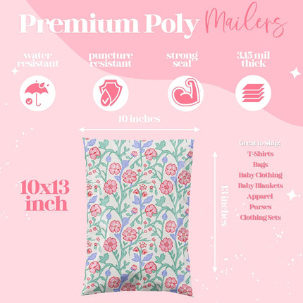 10x13 Designer Poly Mailer 100 Pack Heavy Duty Waterproof Self Seal Shipping Bags for Small Business Large Mailing Envelopes Bulk Tear Resistant Packaging Garden Party Spring Flowers