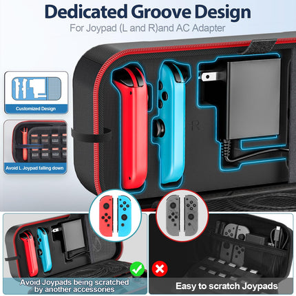 Switch Carrying Case Compatible with Nintendo & OLED, Portable Switch Travel Carry Case Fit for Joy-Con and Adapter, Hard Shell Protective OLED Pouch Bag with 20 Games, Red Wii Accessory Kits