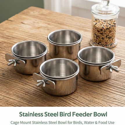 4pcs Stainless Steel Bird Food & Water Bowls with Clamp Holders - 3.9 * 1.7" Durable Cage Feeders for Parrots, Conures, Budgies, Parakeets, Lovebirds - Easy-Clean Pet Bird Feeding Cups