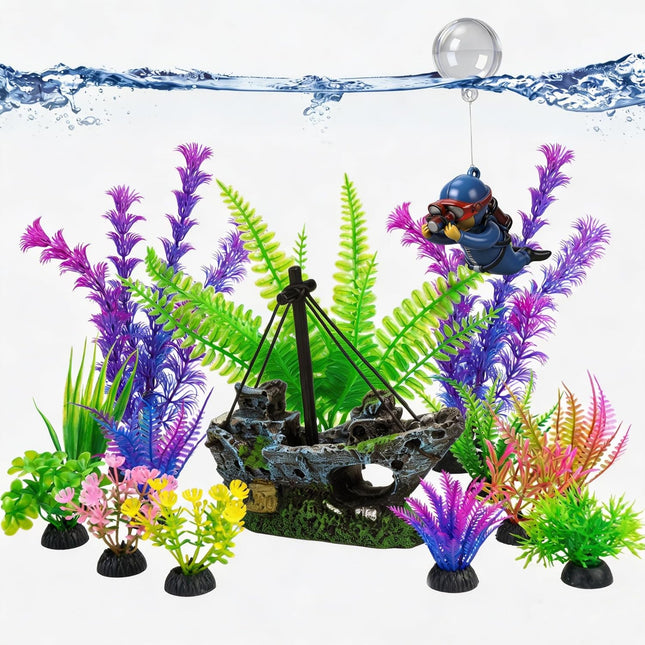 Fish Tank Decor Set with Shipwreck Decoration