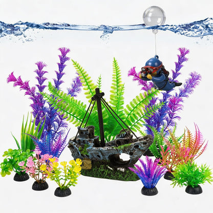 Fish Tank Decor Set with Shipwreck Decoration