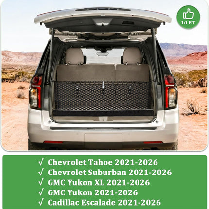3-Layer Cargo Net for Chevrolet Tahoe & Suburban, GMC Yukon & Yukon XL, Cadillac Escalade 2021-2026, Zipper Bag Trunk Net for SUV, Heavy Duty Oxford Cargo Organizer Storage Nets with Carabiners