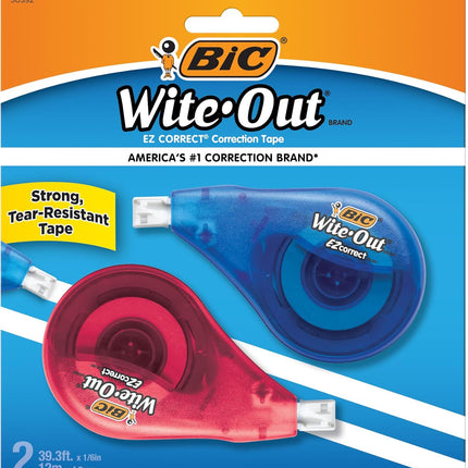 BIC Wite-Out EZ Correct Correction Tape, White, No Dry Time, Tear Resistant Tape, 2-Count