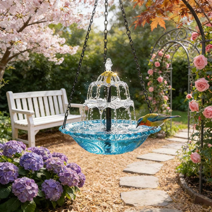 Solar Powered Hanging Bird Bath Fountain, Hanging Bird Bath Fountains Solar Power Outdoor Solar Powered Bird Bath for Deck Patio Yard Lawn, Attracts Hummingbirds,Blue
