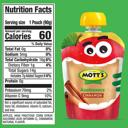 Mott's Cinnamon Applesauce, 3.2 oz clear pouches, 20 pack