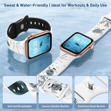 Sea Turtle Engraved Band Compatible with Apple Watch Band Women Men 38mm 40mm 41mm 42mm 44mm 45mm 46mm 49mm Two-Tone Cute Sport Silicone Band for iWatch Series 11 10 Se Ultra 9 8 7 6 5 4 3 2 1