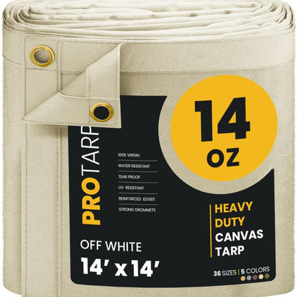 PROTARP Heavy Duty 14 OZ Water Resistant Canvas Tarp, UV Resistant Tarpaulin Cover with Rustproof Brass Grommets, Multipurpose for Canopy, Roof, Camping, Woodpile (Off White 14'X14')