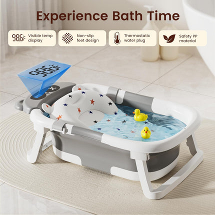 Baby Bathtub,Foldable Baby Bath Tub for Newborn to Toddler (0-18 Months) – Collapsible Infant Tub for Travel with Thermometer, Soft Cushion,Grey