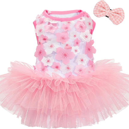 Dog Dress, Fashion Puppy Tutu Princess Dresses for Small Dogs Girl, Sweet Skirt with Dog Bowknot Clips, Spring Dog Cat Clothes Pet Apparel (Pink Floral Dress, XXX-Small)
