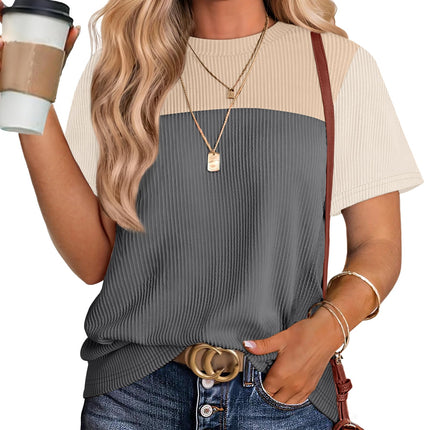Womens Fashion 2026 Color Block Shirts Short Sleeve Knitted Summer Fall Tops Casual Trendy