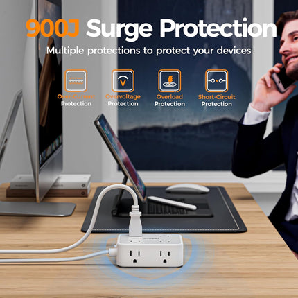 Surge Protector Power Strip, 5 Ft Flat Plug Extension Cord with 3 USB (1 USB C) 8 Outlets, 1250W, 900J Protection, 3 Sided Outlet Extender with Power Switch for Office, Dorm Room Essentials