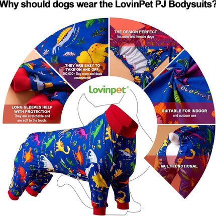 LovinPet Pitbull Large Dog Clothes, Wound Care/Post Surgery Dog Clothes, Lost World Dinosaurs Print, UV Protection, Pet Anxiety Relief, Large Dog Onesies, Pet PJ's /2XL