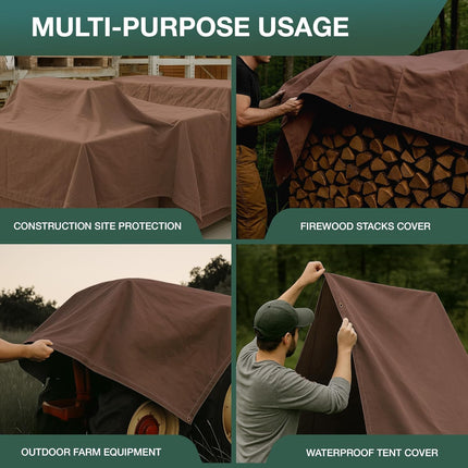 CCS Waterproof Canvas Tarp Cover – Heavy Duty Duck Cloth, Waxed Canvas Tarpaulin with Rustproof Brass Grommets for Camping, Construction, Equipment & Outdoor Use (Brown, 8x10 Ft)