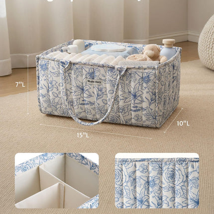 Blissful Diary Floral Diaper Caddy Organizer, Stylish Nursery Storage Basket, Gift for Baby Shower, Baby Registry Must Have, Newborn Essentials, Blue Floral