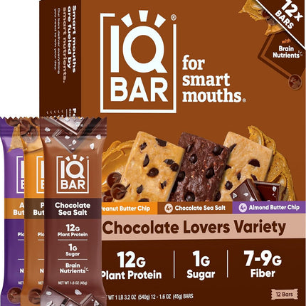 IQBAR Clean Plant Protein Bars - Chocolate Lovers Variety - 12 Count - Keto, Vegan, High Fiber, Gluten and Dairy Free, Low Sugar Snack - Brain and Body Nutrients for Focus, Energy, Meal Replacement