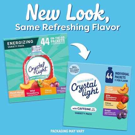 Crystal Light Energizing Drink Mix with Caffeine Variety Pack, 44 Packets for On-the-Go Hydration, Peach Mango, Wild Strawberry, Citrus, Grape, Naturally and Artificially Flavored, Zero Sugar, 4.18 oz