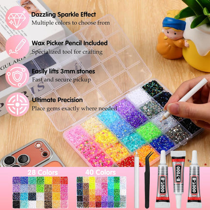 Resin Jelly Bedazzling Kit with 30000 Rhinestone,Rhinestones for Bedazzling,3mm Flatback Bedazzling Gems for Nails, 3pcs B7000 Rhinestone Glue,Crafting, Clothes,Bedazzler Kit for Adults, Kids,DIY
