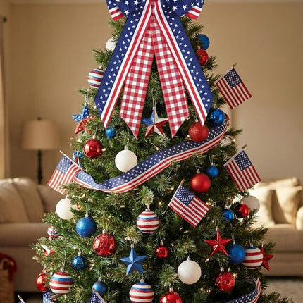 Large Patriotic Wreath Bow, 4th of July Decorations, Red White Blue American Flag, Stars Stripes Buffalo Plaid Wired Ribbon for Front Door