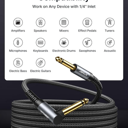 JSAUX Guitar Cable 3ft, Amp Cord for Electric Guitar/Mandolin/Bass, Pro Audio Instrument Cable with 1/4" Tips(TS Port) Right Angle to Straight-Gray