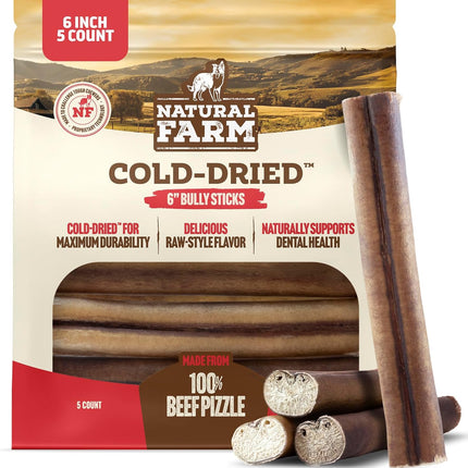Natural Farm Cold-Dried™ Bully Sticks 6 Inch (5 Count) – Odor Free Longer Lasting High Protein Dog Chews – 100% Beef Pizzle, Single Ingredient.