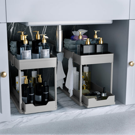 Under Sink Organizer 2 Pack, Bathroom Cabinet Organizer, 2 Tier Sliding Cabinet Basket Organizer Drawer, Multi-Purpose Bath Collection Baskets for Bathroom (Black)