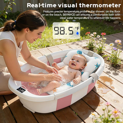 Collapsible Baby Bathtub for Newborn to Toddlers 0-36 Months, Large Baby Tub with Thermometer & Cushion, Easy Setup Foldable Travel Infant Bathtub, Newborn Babies Boy Girl Bath Tubs Pink