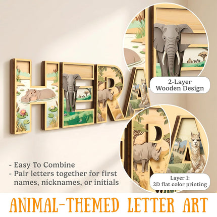 Personlized Layered Wooden Letters for Wall Decor, Wild Animal Wooden Nursery Letters, Wood Alphabet Name Signs for Kids Room, Letras Personalizadas para Decorar, Nursery Decor, Playroom Decor