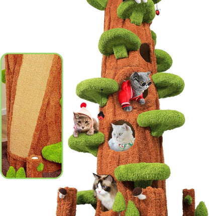 KAMABOKO 90.5 Inch Luxury Cat Tree with Scratching Post, Tall Cat Tree Tower with Sisal Scratching Pad, Multiple Jumping Platforms, Cute Hanging and Spring Toys, Large Cat Condo for for Indoor Kittens