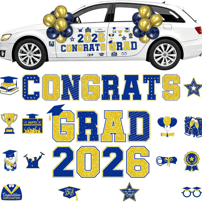 Graduation Car Magnets 2026, 46PCS Blue Gold Graduation Car Decorations 2026