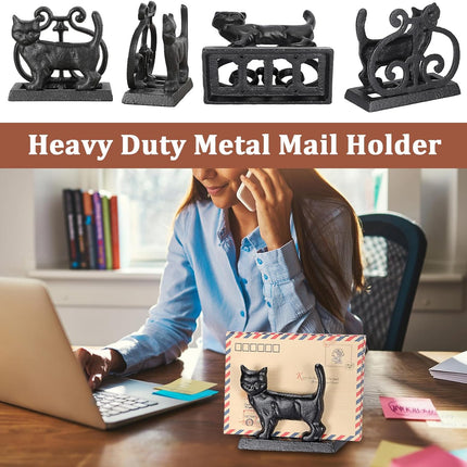 BTSKY Cast Iron Mail Organizer Countertop, Heavy Duty Desk Mail Holder for Letters & Documents, Vertical Envelope Sorter for Home Office, Bill Rack - Black, Cat Shape