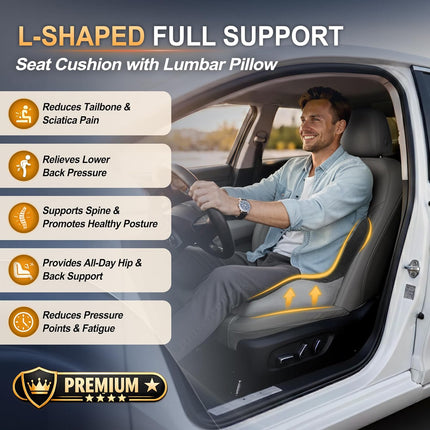 Allaboutsla Memory Foam Car Seat Cushion with Lumbar Support, L-Shaped Ergonomic Design for Long Driving, Pressure-Relief Comfort for Car, SUV, Semi Truck & Office Chair