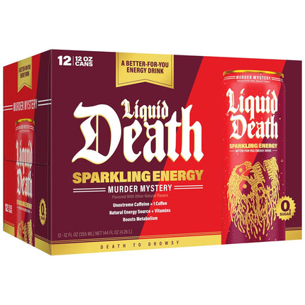 Liquid Death Sparkling Energy - Murder Mystery (Cherry, Cream, Spice), Zero Sugar Energy Drink, Unextreme Caffeine 100mg, Essential Vitamins, 12 Fl Oz (Pack of 12)