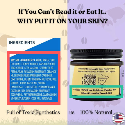 Beef Tallow for Skin | LAVENDER BALM I 2 Ingredients - 100% Grass Fed Beef Tallow & Lavender | Whole Body & Face Whipped Tallow | Sensititve Dry Skin, Eczema, Psoriasis, Rosacea