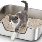 Stainless Steel Cat Litter Box with Low Entry, Metal Kitty Litter Box for Senior or Injured Cats, Odor-Free, Non-Stick, Easy to Clean, 17.5"x13.6"x5.9", Litter Pan for Medium and Small Cats