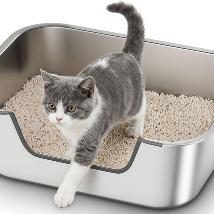 Stainless Steel Cat Litter Box with Low Entry, Metal Kitty Litter Box for Senior or Injured Cats, Odor-Free, Non-Stick, Easy to Clean, 17.5"x13.6"x5.9", Litter Pan for Medium and Small Cats
