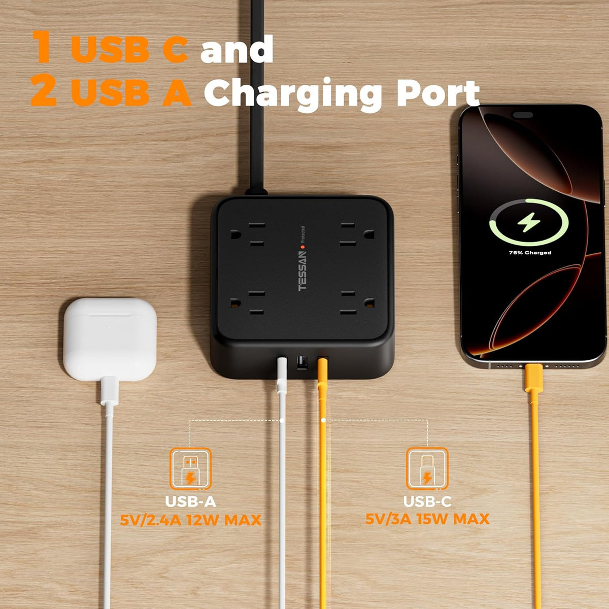 Surge Protector Power Strip, 5 Ft Flat Plug Extension Cord with 3 USB (1 USB C) 8 Outlets, 1250W, 900J - photo 5