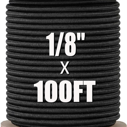 SMART&CASUAL Marine Grade Bungee Cord Roll 1/8" x 100' Black Premium Polyester Natural Latex Core Shock Cord Heavy Duty Elastic Rope for Kayak Tarp Tie Down Camping Canopy DIY Crafting
