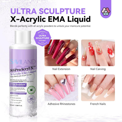 SAVILAND Pure EMA Monomer Acrylic Nail Liquid: 4 oz Pro Acrylic Monomer for Nails Extension with 12# Nail Brush Dappen Dish for Beginners DIY at Home Professional Salon Use