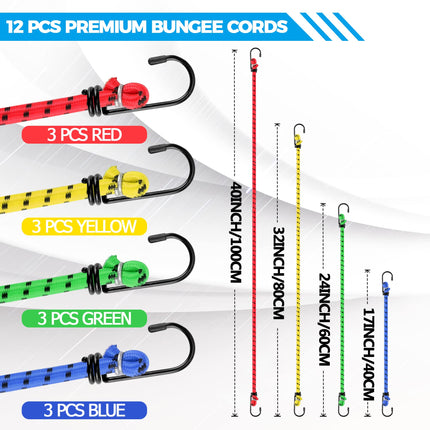 12 Pack Bungee Cords with Hooks,Heavy Duty Outdoor Elastic Straps