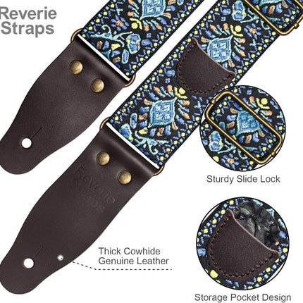 Jacquard Embroidered Guitar Strap, Genuine Cowhide Leather Ends, Adjustable for Bass Electric Acoustic