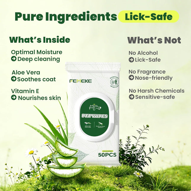 Unscented Pet Grooming Wipes, 200 Count, 4 x 50 Packs, 7 x 8 in, Aloe and Vitamin E